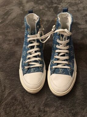 Louis Vuitton Blue Denim Monogram High-Top Sneakers with White Accents